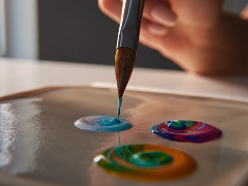 Pinceau fin de nail art touchant une touche de pigment sur une palette en céramique