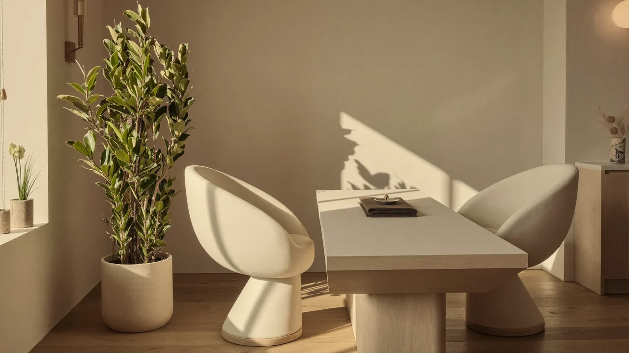 Coin calme d'un salon de beauté avec table de manucure, plante et lumière naturelle