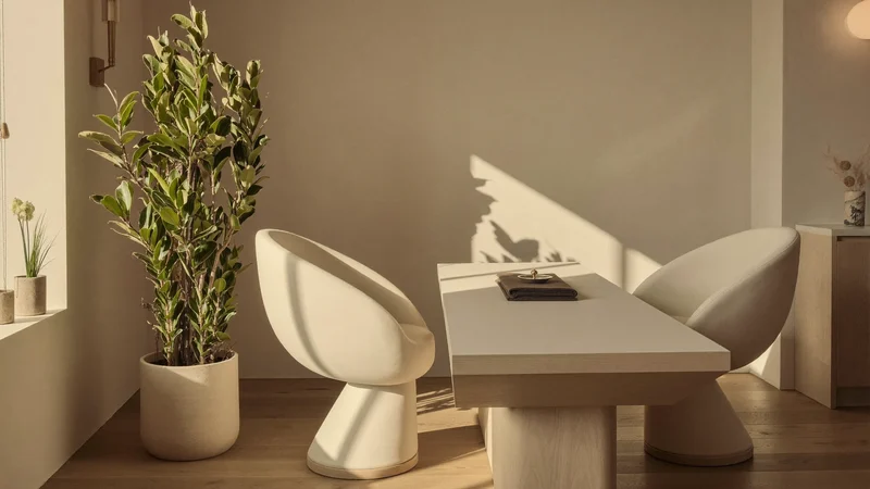 Coin calme d'un salon de beauté avec table de manucure, plante et lumière naturelle